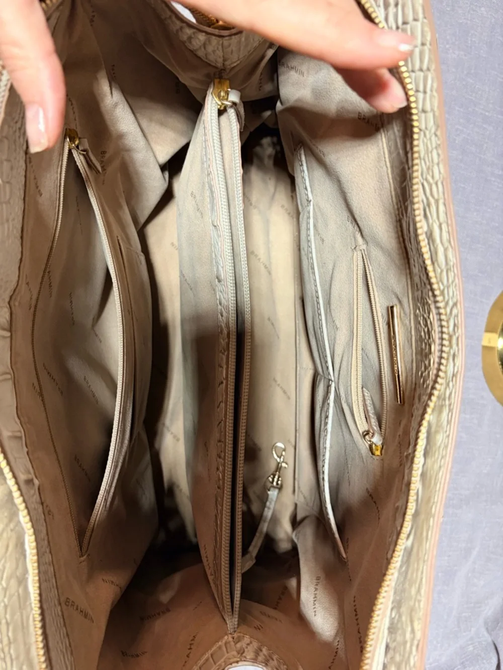 Brahmin Cream Croc-Embossed Leather Satchel with Gold Hardware